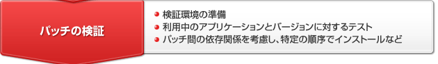 【パッチの検証】検証環境の準備・利用中のアプリケーションとバージョンに対するテスト・パッチ間の依存関係を考慮し、特定の順序でインストールなど