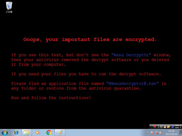 WannaCry感染後のデスクトップ画面。マルウェア感染後、デスクトップ上にファイルが暗号化されたというメッセージが表示される。感染経路はウクライナの会計ソフトやメールから、そして感染したPCから同じネットワーク上のPCへ感染していきます。