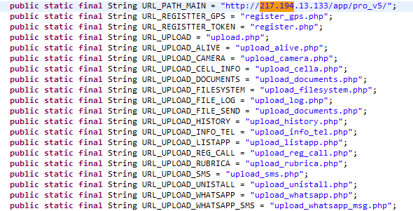 「Skygofree」のコードにはC&CサーバーURLと実行するスクリプト名が記載されている。