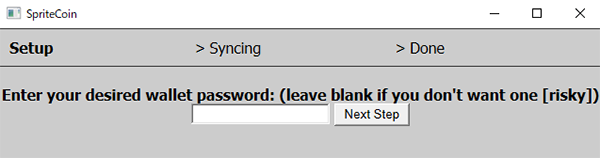 「spritecoinwallet.exe」ファイルを実行し、ウォレットのパスワードの入力を要求する画面。